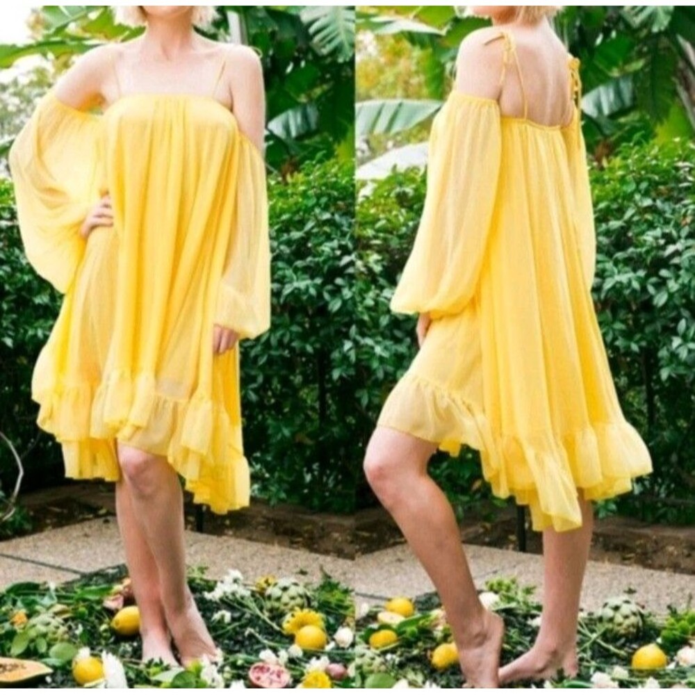 We are HAH / Free People / Revolve Cold Shouler Lemon Drop Chifon Dress XS/ S - Picture 2 of 4